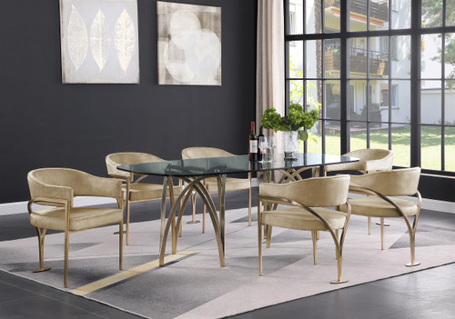 Velvet Upholstered Dining Chair with Brushed Brass Metal Frame, 23.5" W x 22" D x 30" H, Beige, Set of 2
