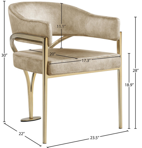 Velvet Upholstered Dining Chair with Brushed Brass Metal Frame, 23.5" W x 22" D x 30" H, Beige, Set of 2