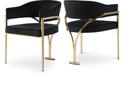 Velvet Upholstered Dining Chair with Brushed Brass Metal Frame, 23.5" W x 22" D x 30" H, Black, Set of 2