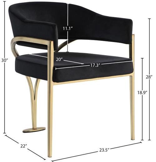 Velvet Upholstered Dining Chair with Brushed Brass Metal Frame, 23.5" W x 22" D x 30" H, Black, Set of 2