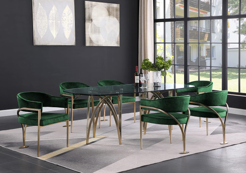 Velvet Upholstered Dining Chair with Brushed Brass Metal Frame, 23.5" W x 22" D x 30" H, Green, Set of 2