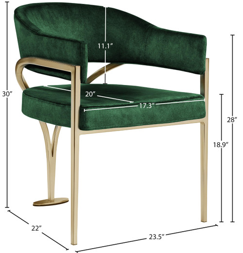 Velvet Upholstered Dining Chair with Brushed Brass Metal Frame, 23.5" W x 22" D x 30" H, Green, Set of 2