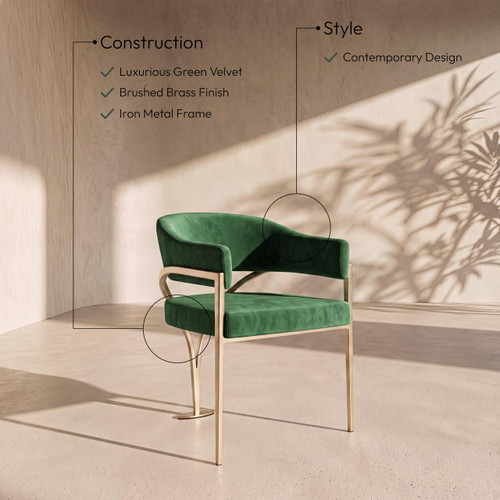 Velvet Upholstered Dining Chair with Brushed Brass Metal Frame, 23.5" W x 22" D x 30" H, Green, Set of 2