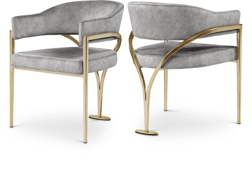 Velvet Upholstered Dining Chair with Brushed Brass Metal Frame, 23.5" W x 22" D x 30" H, Grey, Set of 2