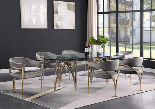 Velvet Upholstered Dining Chair with Brushed Brass Metal Frame, 23.5" W x 22" D x 30" H, Grey, Set of 2