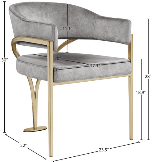 Velvet Upholstered Dining Chair with Brushed Brass Metal Frame, 23.5" W x 22" D x 30" H, Grey, Set of 2
