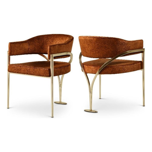 Velvet Upholstered Dining Chair with Brushed Brass Metal Frame, 23.5" W x 22" D x 30" H, Cognac, Set of 2