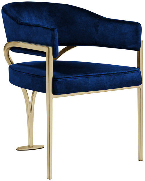 Velvet Upholstered Dining Chair with Brushed Brass Metal Frame, 23.5" W x 22" D x 30" H, Navy, Set of 2