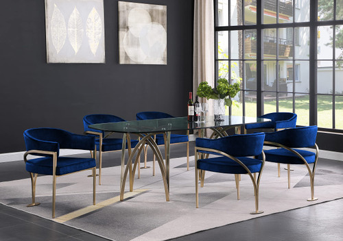 Velvet Upholstered Dining Chair with Brushed Brass Metal Frame, 23.5" W x 22" D x 30" H, Navy, Set of 2