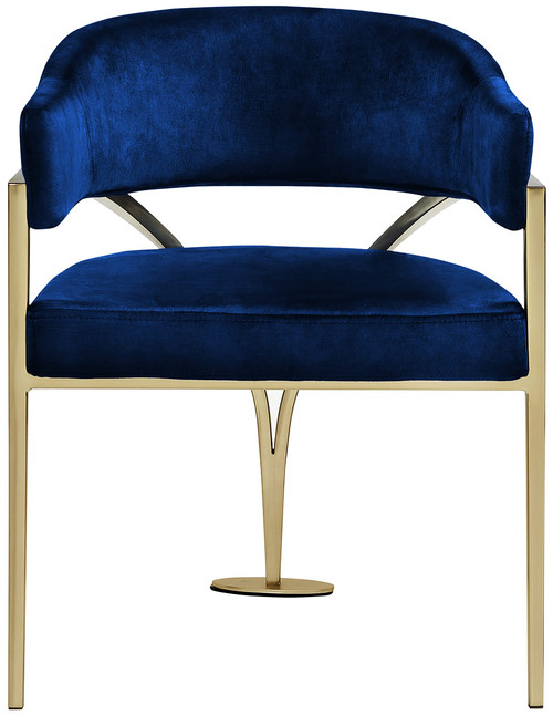 Velvet Upholstered Dining Chair with Brushed Brass Metal Frame, 23.5" W x 22" D x 30" H, Navy, Set of 2