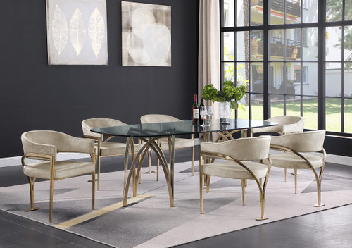 Velvet Upholstered Dining Chair with Brushed Brass Metal Frame, 23.5" W x 22" D x 30" H, Stone, Set of 2