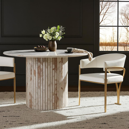 Vegan Leather Upholstered Dining Chair with Brushed Brass Metal Frame, 23.5" W x 22" D x 30" H, Cream, Set of 2