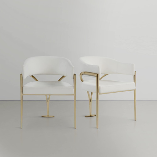 Vegan Leather Upholstered Dining Chair with Brushed Brass Metal Frame, 23.5" W x 22" D x 30" H, Cream, Set of 2
