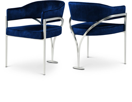 Velvet Upholstered Dining Chair with Brushed Chrome Metal Frame, 23.5" W x 22" D x 30" H, Navy, Set of 2