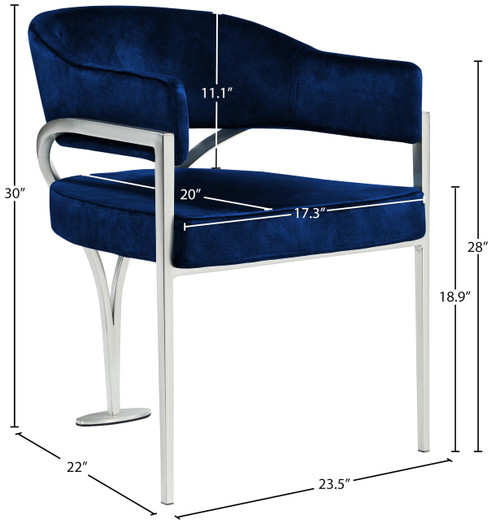 Velvet Upholstered Dining Chair with Brushed Chrome Metal Frame, 23.5" W x 22" D x 30" H, Navy, Set of 2