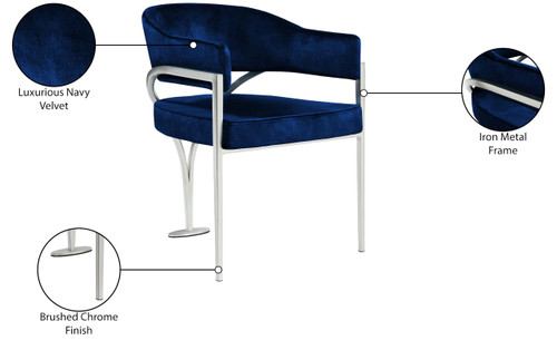 Velvet Upholstered Dining Chair with Brushed Chrome Metal Frame, 23.5" W x 22" D x 30" H, Navy, Set of 2