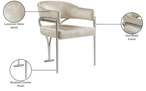 Velvet Upholstered Dining Chair with Brushed Chrome Metal Frame, 23.5" W x 22" D x 30" H, Stone, Set of 2