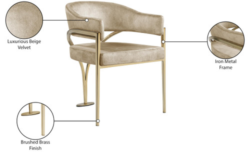 Velvet Upholstered Dining Chair with Brushed Chrome Metal Frame, 23.5" W x 22" D x 30" H, Beige, Set of 2