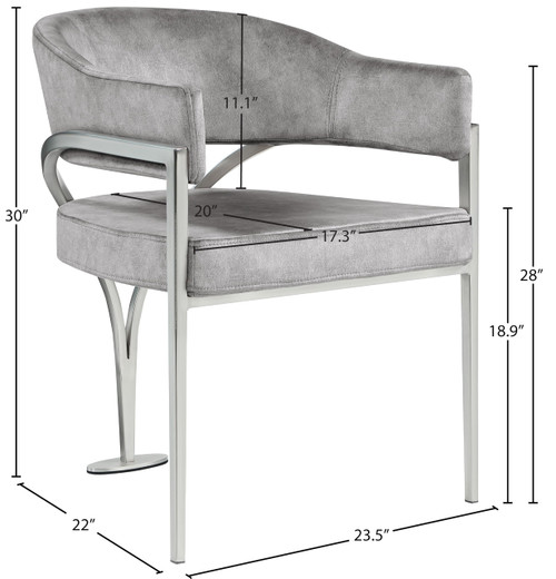 Velvet Upholstered Dining Chair with Brushed Chrome Metal Frame, 23.5" W x 22" D x 30" H, Grey, Set of 2