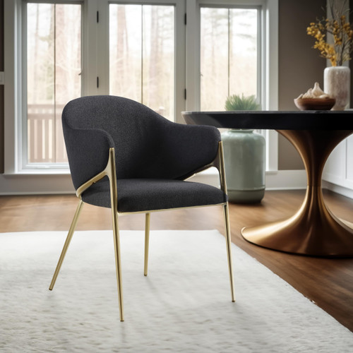Dining Chair with Rich Black Boucle Fabric, Iron Frame in Brushed Brass Finish, 22.5" W x 24.5" D x 31.5" H, Black, Set of 2