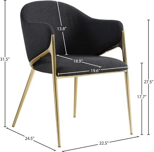 Dining Chair with Rich Black Boucle Fabric, Iron Frame in Brushed Brass Finish, 22.5" W x 24.5" D x 31.5" H, Black, Set of 2