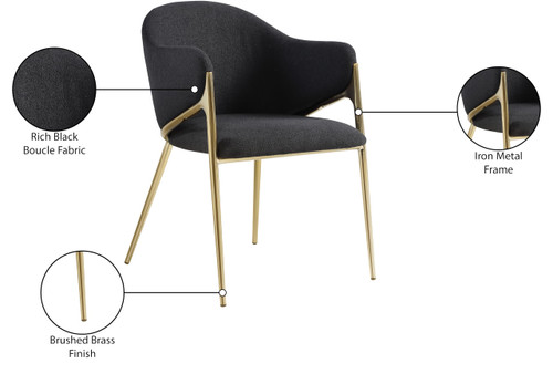 Dining Chair with Rich Black Boucle Fabric, Iron Frame in Brushed Brass Finish, 22.5" W x 24.5" D x 31.5" H, Black, Set of 2
