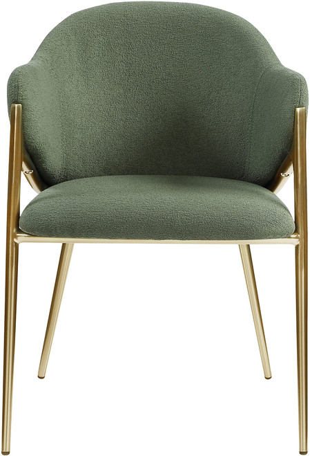 Dining Chair with Rich Green Boucle Fabric, Iron Frame in Brushed Brass Finish, 22.5" W x 24.5" D x 31.5" H, Green, Set of 2