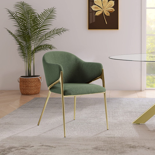 Dining Chair with Rich Green Boucle Fabric, Iron Frame in Brushed Brass Finish, 22.5" W x 24.5" D x 31.5" H, Green, Set of 2