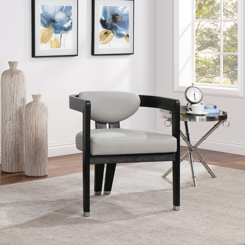 Dining Chair, Solid Wood Brushed Black Finish, Soft Grey Vegan Leather, Brushed Chrome Accents, 24" W x 23.5" D x 29" H, Grey