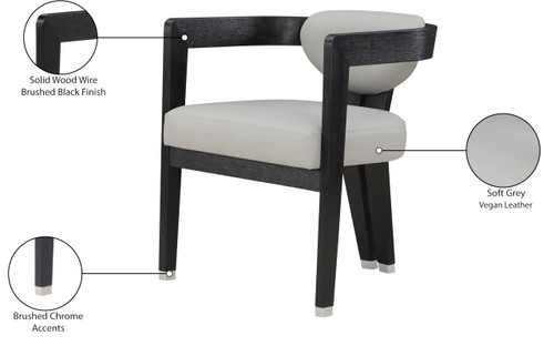 Dining Chair, Solid Wood Brushed Black Finish, Soft Grey Vegan Leather, Brushed Chrome Accents, 24" W x 23.5" D x 29" H, Grey