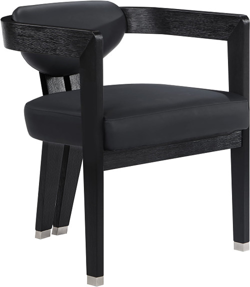 Dining Chair, Solid Wood Brushed Black Finish, Soft Black Vegan Leather, Brushed Chrome Accents, 24" W x 23.5" D x 29" H, Black
