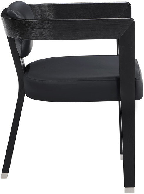Dining Chair, Solid Wood Brushed Black Finish, Soft Black Vegan Leather, Brushed Chrome Accents, 24" W x 23.5" D x 29" H, Black