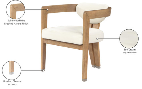 Dining Chair, Solid Wood Brushed Natural Finish, Soft Cream Vegan Leather, Brushed Chrome Accents, 24" W x 23.5" D x 29" H, Cream