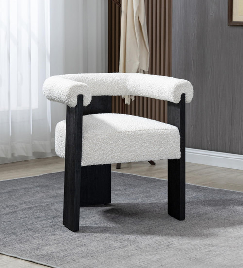 Mid-Century Modern Dining Chair with Solid Wood Black Finish, Rich Cream Boucle Fabric, 27.5" W x 24" D x 28" H, Cream