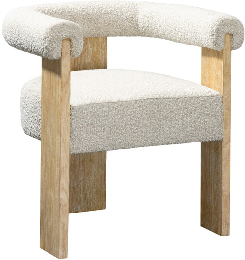 Mid-Century Modern Dining Chair with Solid Wood Natural Finish, Rich Cream Boucle Fabric, 27.5" W x 24" D x 28" H, Cream
