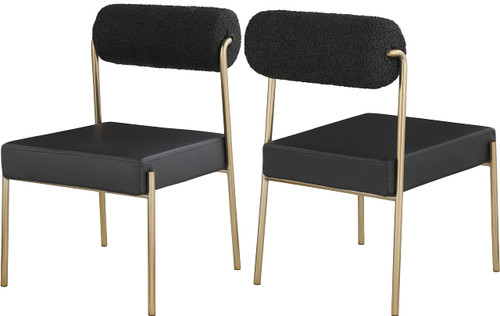 Vegan Leather/Boucle Fabric Upholstered Dining Chair with Brushed Brass Iron Frame, 22" W x 25.5" D x 33" H, Black, Set of 2