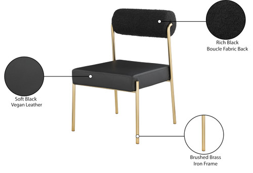 Vegan Leather/Boucle Fabric Upholstered Dining Chair with Brushed Brass Iron Frame, 22" W x 25.5" D x 33" H, Black, Set of 2