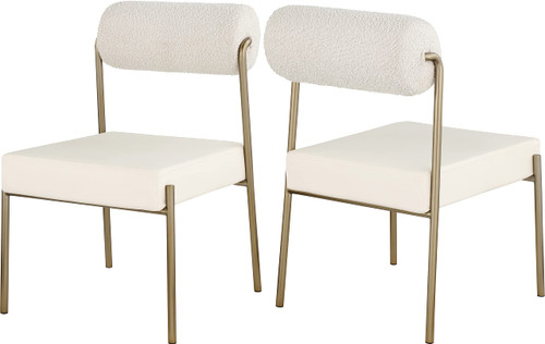Faux Leather/Boucle Fabric Upholstered Dining Chair with Brushed Brass Iron Frame, 22" W x 25.5" D x 33" H, Cream, Set of 2