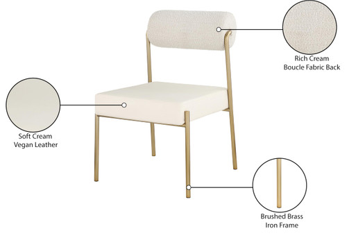 Faux Leather/Boucle Fabric Upholstered Dining Chair with Brushed Brass Iron Frame, 22" W x 25.5" D x 33" H, Cream, Set of 2