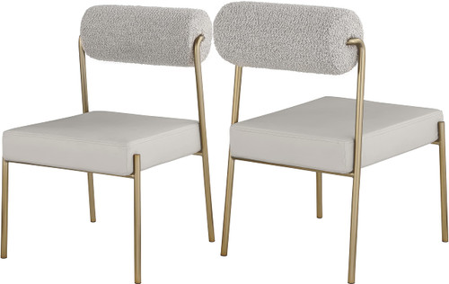Faux Leather/Boucle Fabric Upholstered Dining Chair with Brushed Brass Iron Frame, 22" W x 25.5" D x 33" H, Taupe, Set of 2