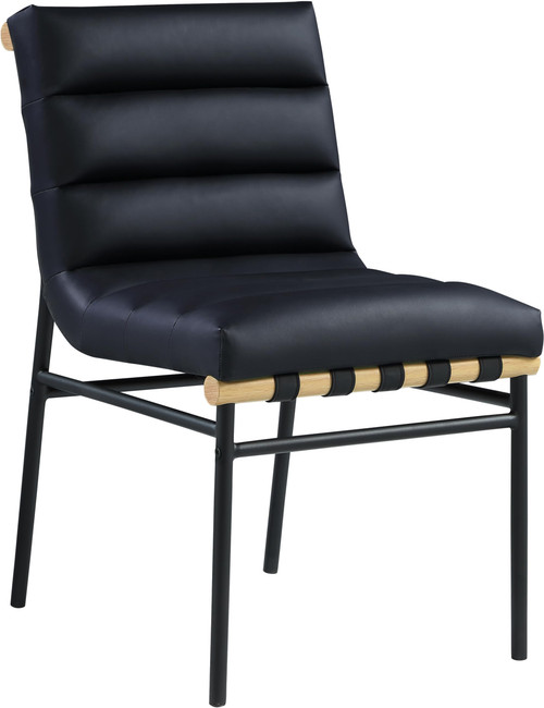 Dining Chair, Rich Boucle Fabric, Vegan Leather Straps, Matte Metal Frame, Metal Dowel, 19" W x 25.5" D x 32.5" H, Black, Set of 2