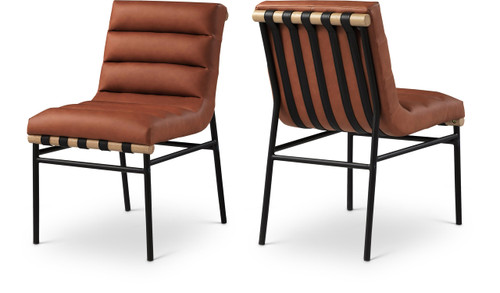 Dining Chair, Vegan Leather, Vegan Leather Straps, Matte Metal Frame, Metal Dowel, 19" W x 25.5" D x 32.5" H, Cognac, Set of 2