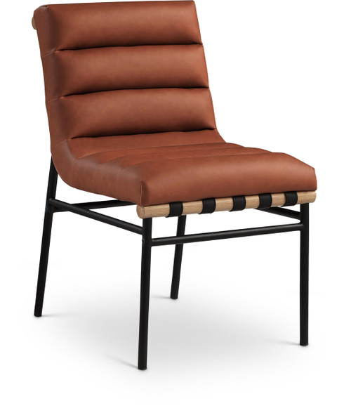 Dining Chair, Vegan Leather, Vegan Leather Straps, Matte Metal Frame, Metal Dowel, 19" W x 25.5" D x 32.5" H, Cognac, Set of 2