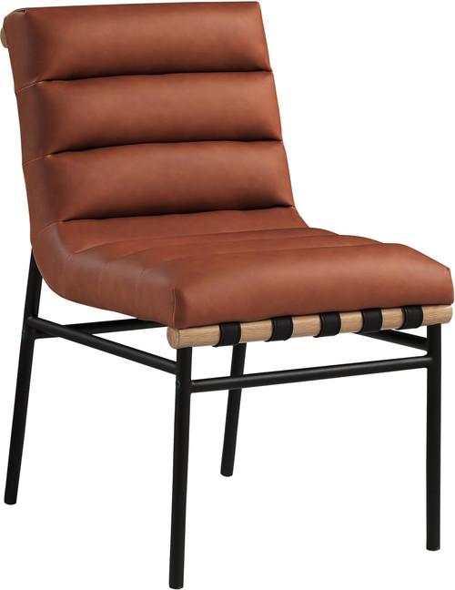 Dining Chair, Vegan Leather, Vegan Leather Straps, Matte Metal Frame, Metal Dowel, 19" W x 25.5" D x 32.5" H, Cognac, Set of 2