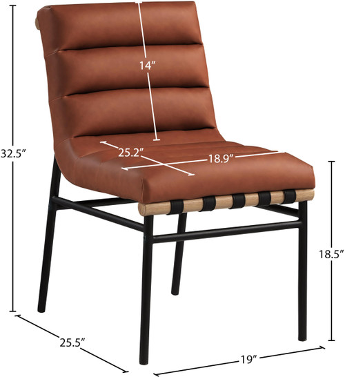 Dining Chair, Vegan Leather, Vegan Leather Straps, Matte Metal Frame, Metal Dowel, 19" W x 25.5" D x 32.5" H, Cognac, Set of 2