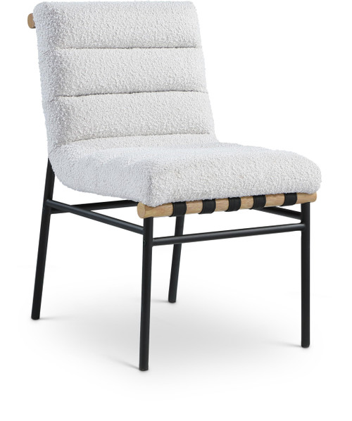 Dining Chair, Soft Boucle Fabric, Vegan Leather Straps, Matte Metal Frame, Metal Dowel, 19" W x 25.5" D x 32.5" H, Cream, Set of 2