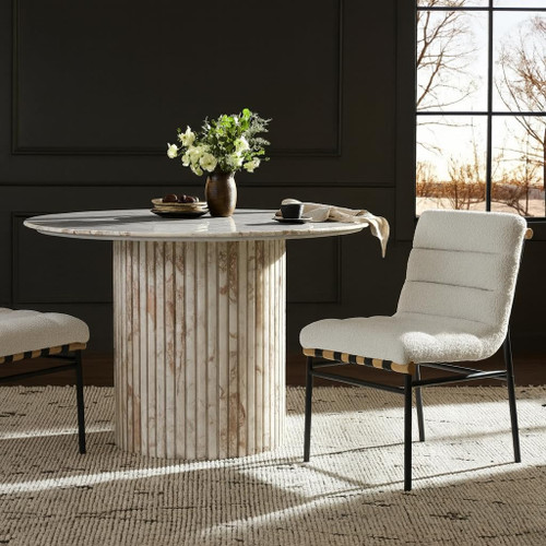 Dining Chair, Soft Boucle Fabric, Vegan Leather Straps, Matte Metal Frame, Metal Dowel, 19" W x 25.5" D x 32.5" H, Cream, Set of 2