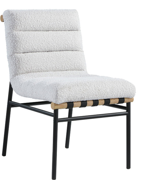Dining Chair, Soft Boucle Fabric, Vegan Leather Straps, Matte Metal Frame, Metal Dowel, 19" W x 25.5" D x 32.5" H, Cream, Set of 2
