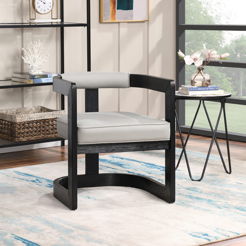 Dining Chair, Solid Wood Brushed Black Finish, Soft Grey Vegan Leather, Brushed Chrome Accents, 24" W x 22" D x 28" H, Grey
