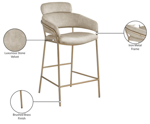 550Stone-C Yara Collection Modern | Contemporary Velvet Upholstered Counter Stool with Brushed Brass Metal Frame, 21.5" W x 22" D x 39" H, Stone